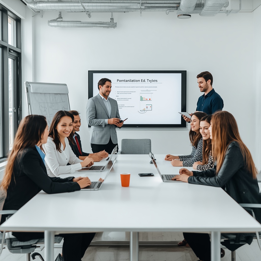 Happy clients and team members in a bright modern meeting room with whiteboard and presentation screen